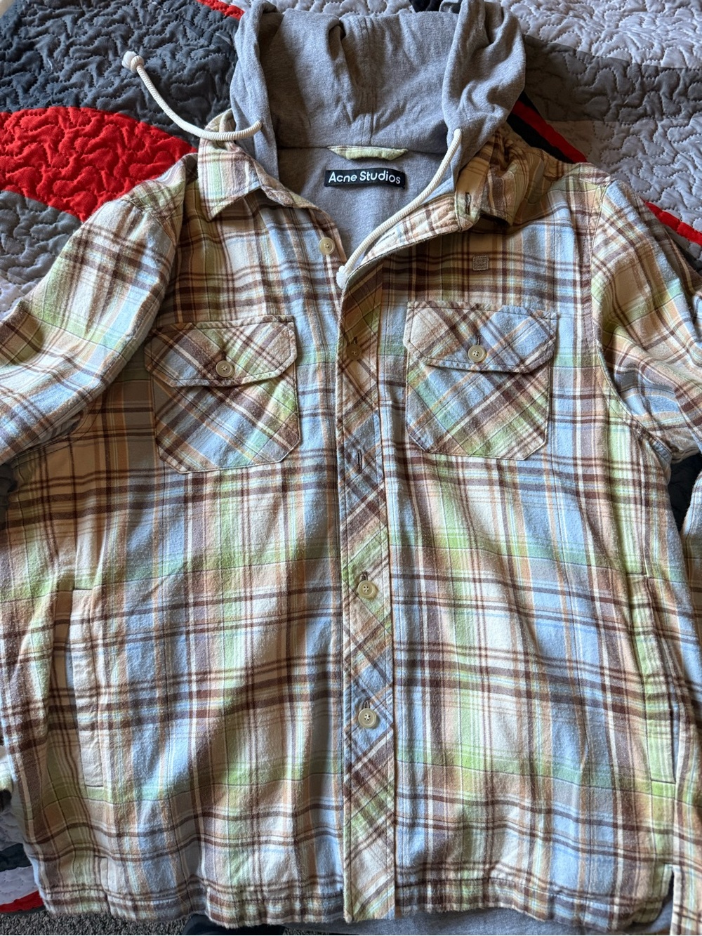 Acne Plaid Button-Down Shirt Jacket in Beige, Blue & Green
